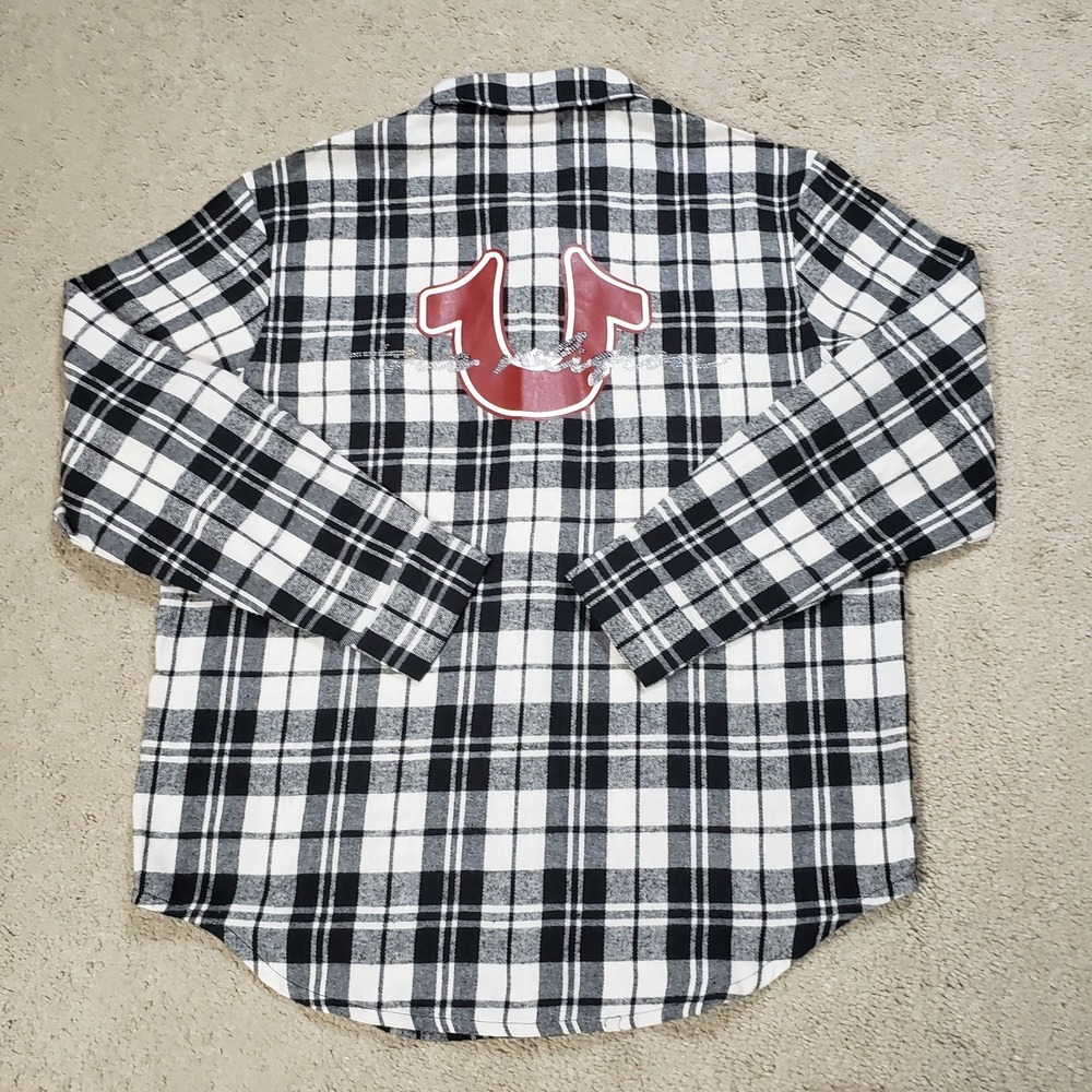 TRUE RELIGION Shirt Women M HS Brushed Flannel Button Up Crystal Logo Plaid Snap